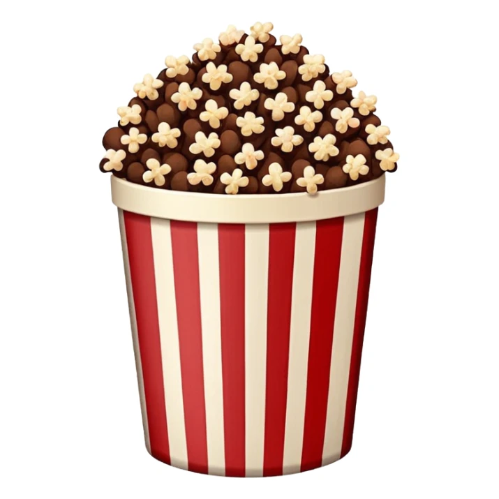 Chocolate brown popcorn in a paper jar with red and white vertical lines sticker