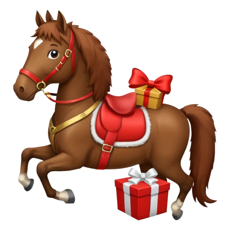 a New Year's horse with a red saddle, which has a red gift box with a white bow on the saddle sticker