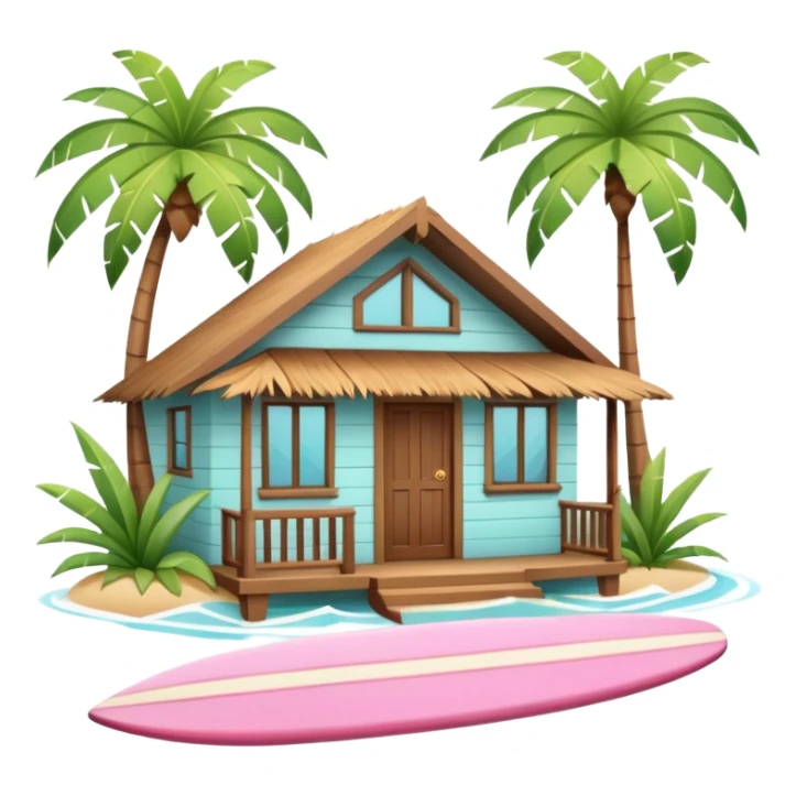Hawaiian bungalow house, pastel colors, wooden porch, surfboard leaning on wall, palm leaves, tropical vibe, cute mobile game icon style, 3D cartoon, clean background, no text
 sticker