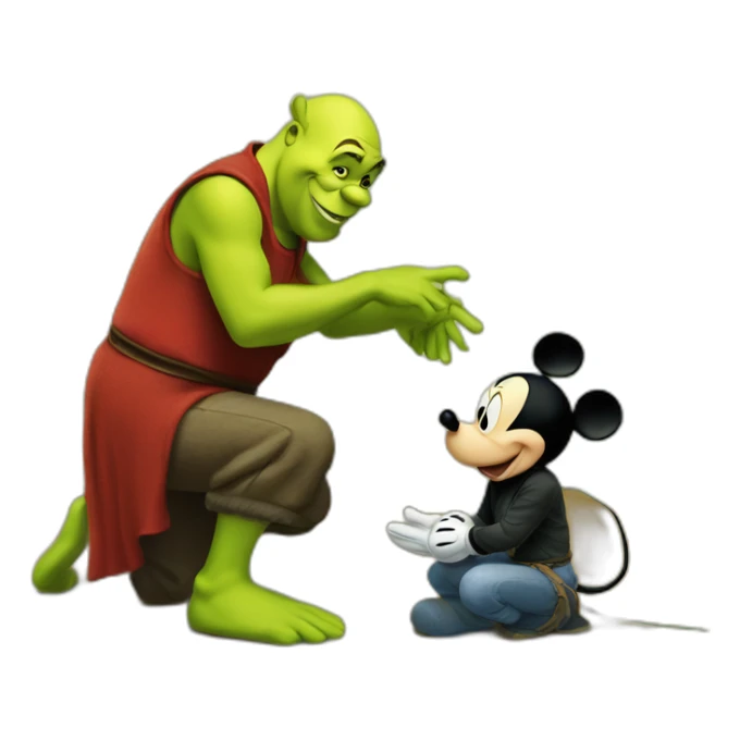 Mickey Mouse kneeling in front of Shrek sticker