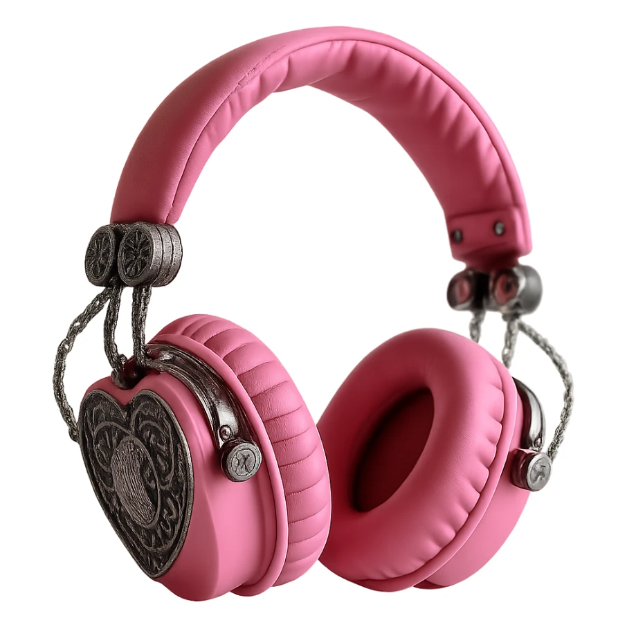 Isolate and keep only the realistic pink gothic headphones with heart-shaped ear cups, metallic chains, and gothic engravings in a photorealistic style with no background. sticker