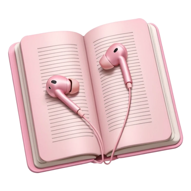  pink Pink Apple-style earbuds lying on an open book, soft pastel tones, cozy and minimal aesthetic, realistic lighting and shadows, top-down view, transparent background" sticker