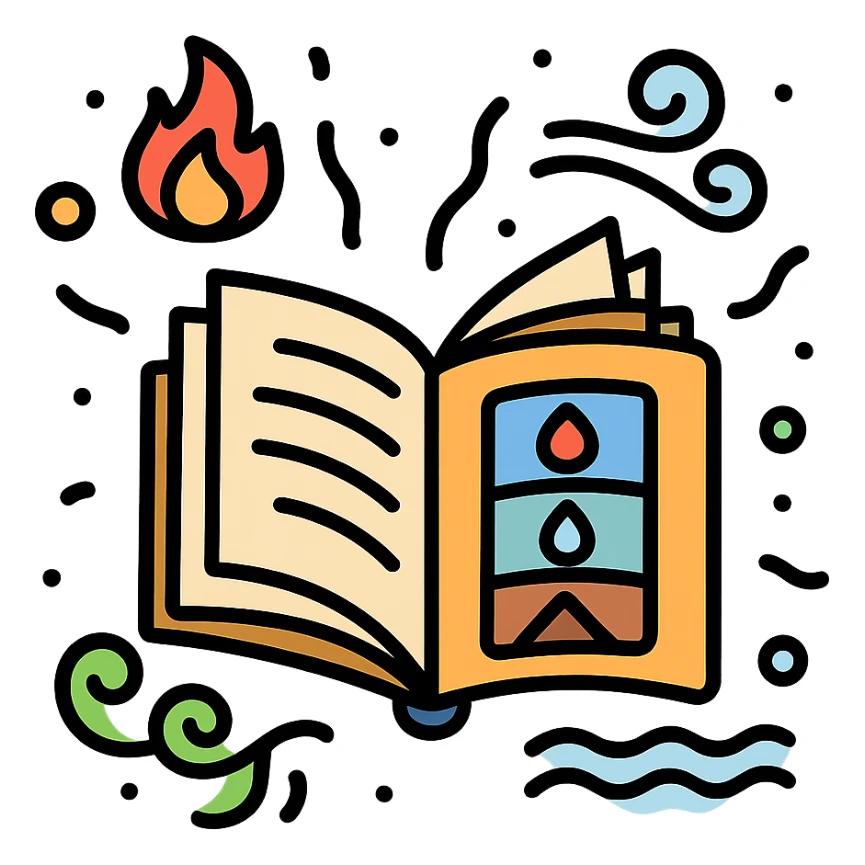 a mystical tome with elemental emblems, pages fluttering, surrounded by magical auras of fire, water, earth, and air, in a detailed color outline icon style sticker
