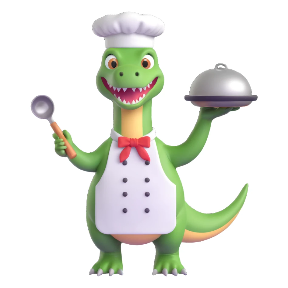 dinosaur wearing a chef's hat and apron, holding a frying pan, cute 3d emoji style sticker