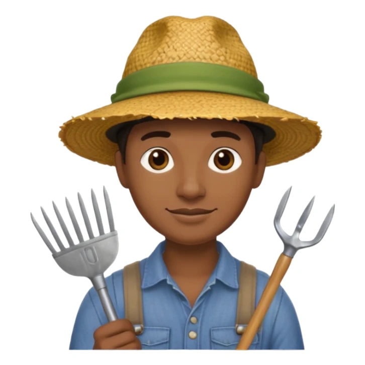 black gardener holding gardening tools, with hat sticker