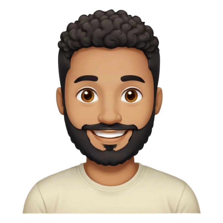 Man in his 30s with medium brown skin. Round face with friendly expression. Dark eyes with cheerful look. Thick eyebrows. Wide nose. Full black beard, well-trimmed. Short curly black hair with fade cut. Wearing a cream t-shirt. Big smile. sticker