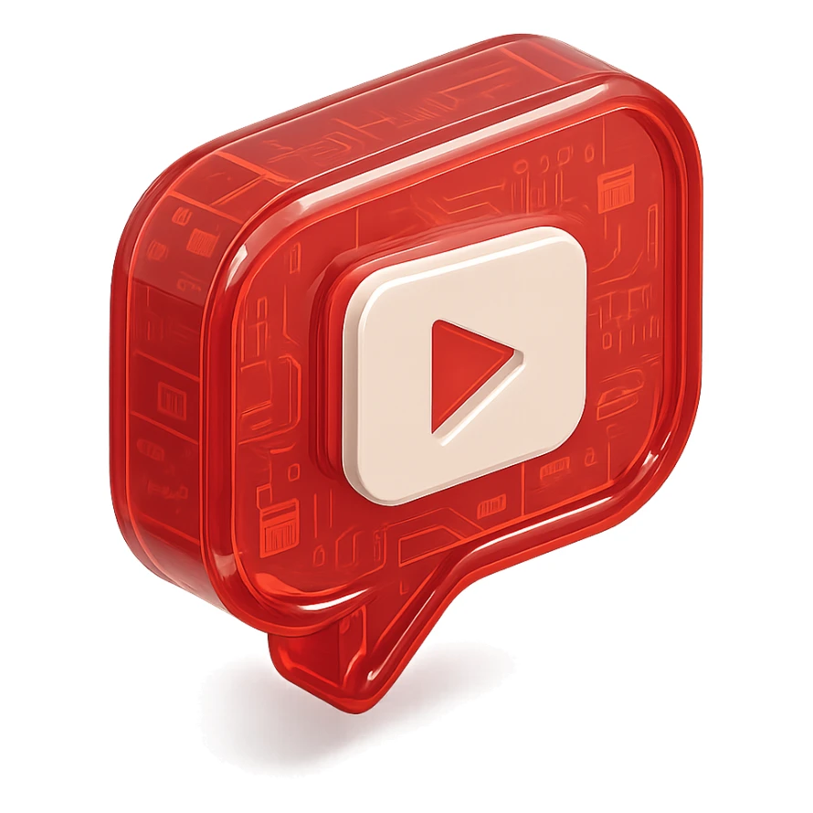 red speech bubble with inside a big red YouTube white play button, very glossy circuit style, transparent sticker