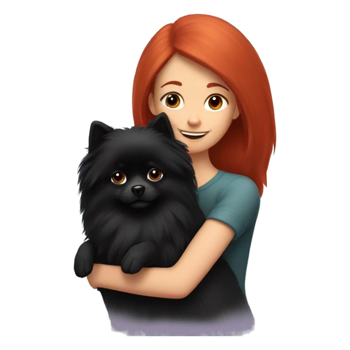 red-haired girl hugs a black pomeranian dog sticker