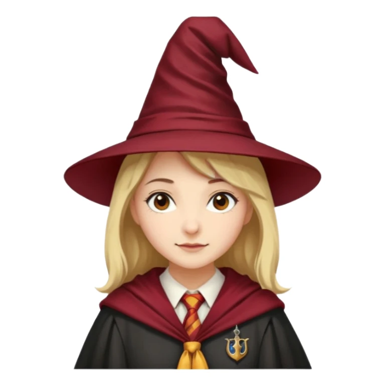 A young woman wearing a classic witch’s hat, red tie, and wizarding robes. This outfit suggests she's a student from Gryffindor House (from the Harry Potter universe), as the red tie is a signature detail of that house's uniform. sticker