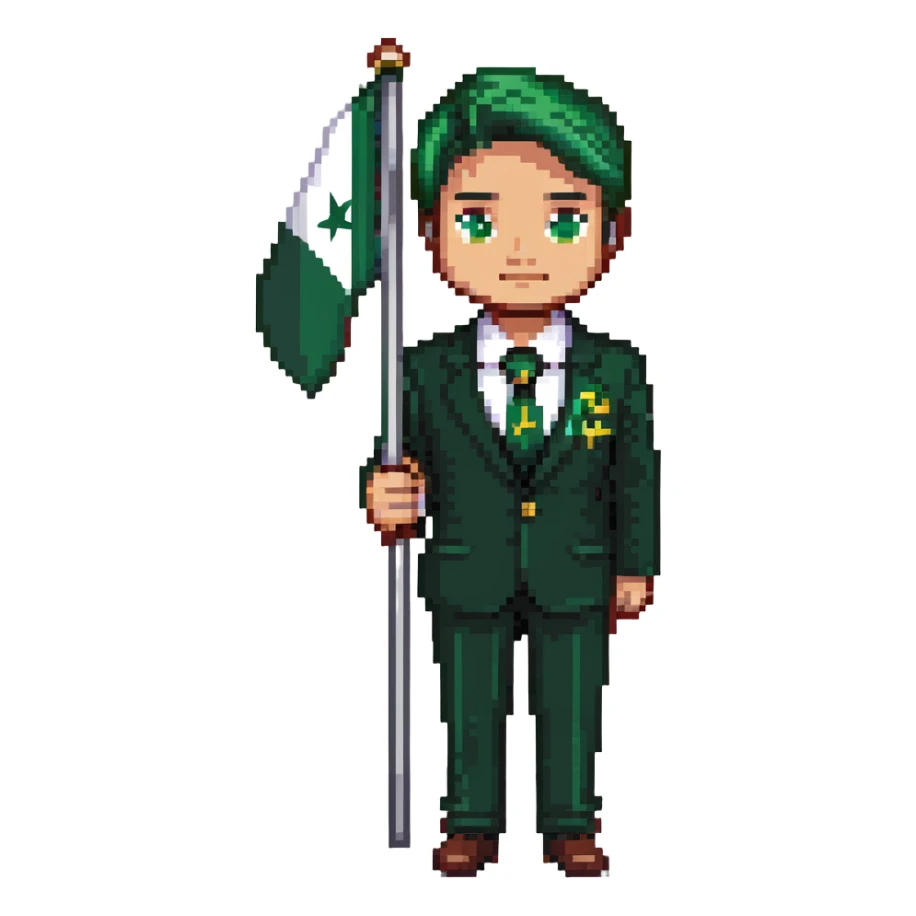 Pakistani diplomat in formal attire with Pakistan flag colors sticker