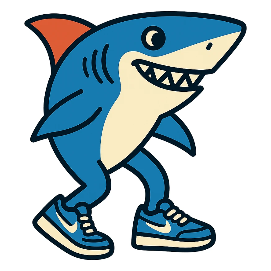 2-legged shark, sideways, smiling, wearing blue Nike sneakers sticker