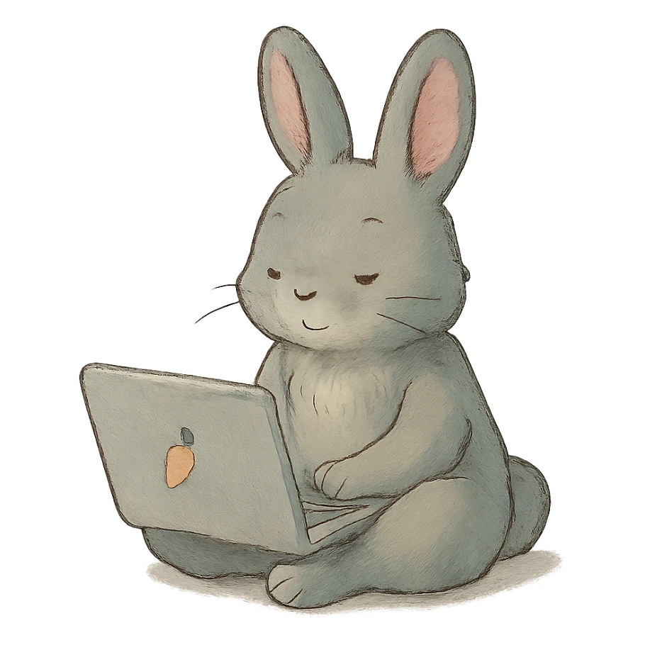 gray bunny sitting cross-legged with laptop in soft Ghibli style sticker