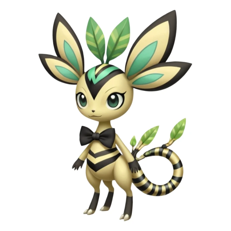 zig-zag-patterned tribal tropical hot spotted striped Meloetta-Celebi-Giratina-Noibat-Pokémon-Fakémon-fusion-hybrid-creature with a bow tie, bracelets, collars, necklaces  sticker
