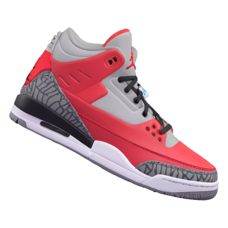 3D Emoji style cartoon sneaker based on DJ Khaled Grateful Air Jordan 3, University Red, Black, Cement Grey, with arms and legs, cheerful vibe sticker