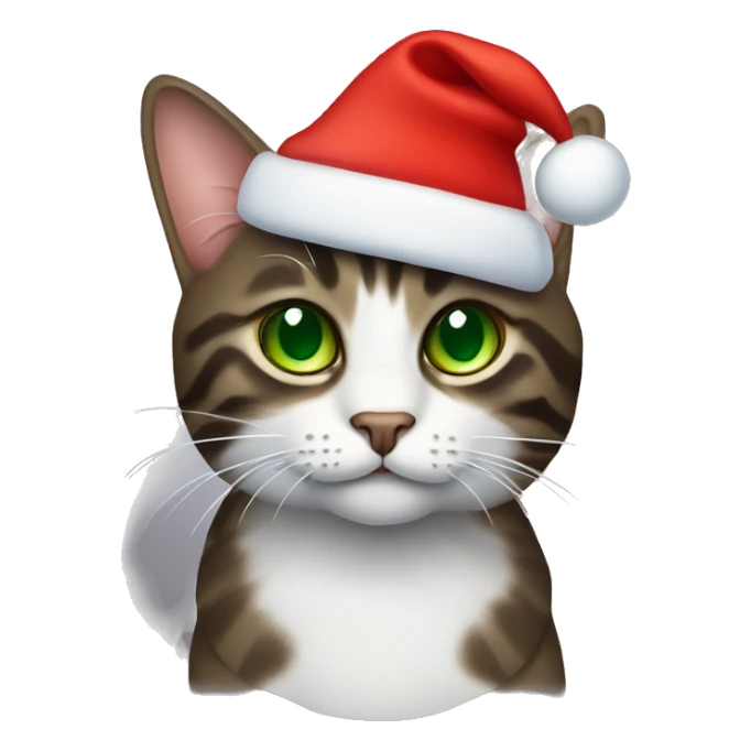 Dark brown tabby cat with green eyes wearing red Christmas hat sticker