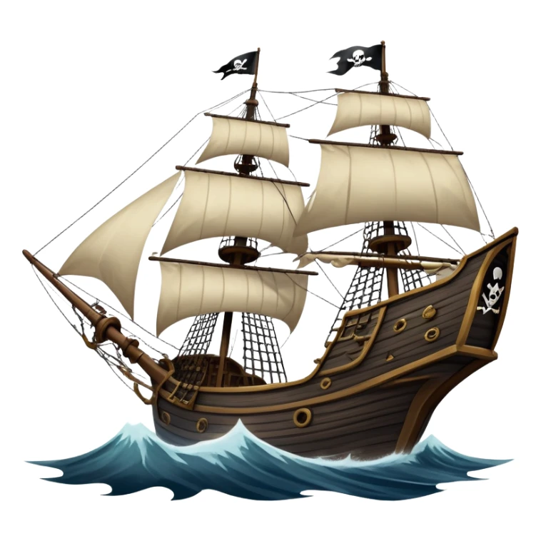 An icon representing an adventure game, inspired by high-seas exploration. The design features a fearless pirate gripping the wheel of a grand sailing ship, its tattered Jolly Roger flag billowing as it cuts through stormy waters. The scene evokes danger, treasure, and the thrill of the open sea. Transparent background. sticker