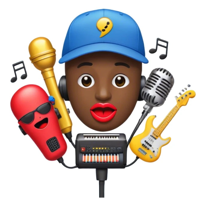 Create a vibrant and creative emoji that represents beatboxing. The design should feature a microphone with a cap placed on top, with oversized lips peeking out from under the cap. From the lips, bass clefs should be flying out, along with a variety of musical instruments (like a drum, electric guitar, and piano keys) to symbolize the blend of rhythm and creativity in beatboxing. Use bold, energetic colors like neon red, yellow, and blue to capture the lively and street-savvy essence of beatboxing. The background should be transparent. sticker