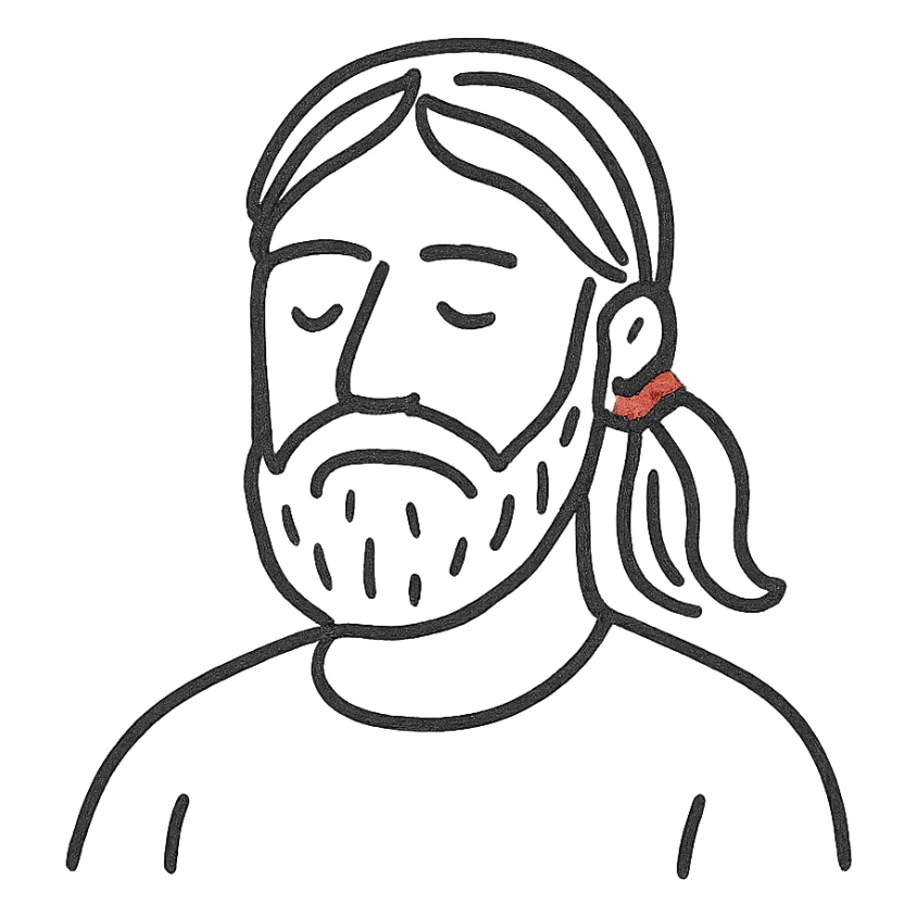 A man with a beard, long hair and a red thread sticker