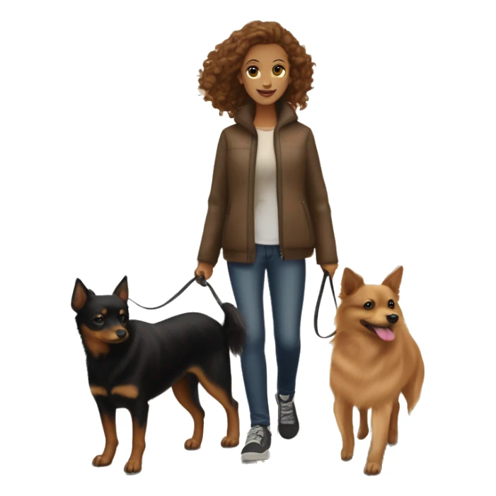 A light brown haired girl, walking one mini black and tan miniature Pinscher and one very big, fluffy & light brown Spitz on the lead sticker