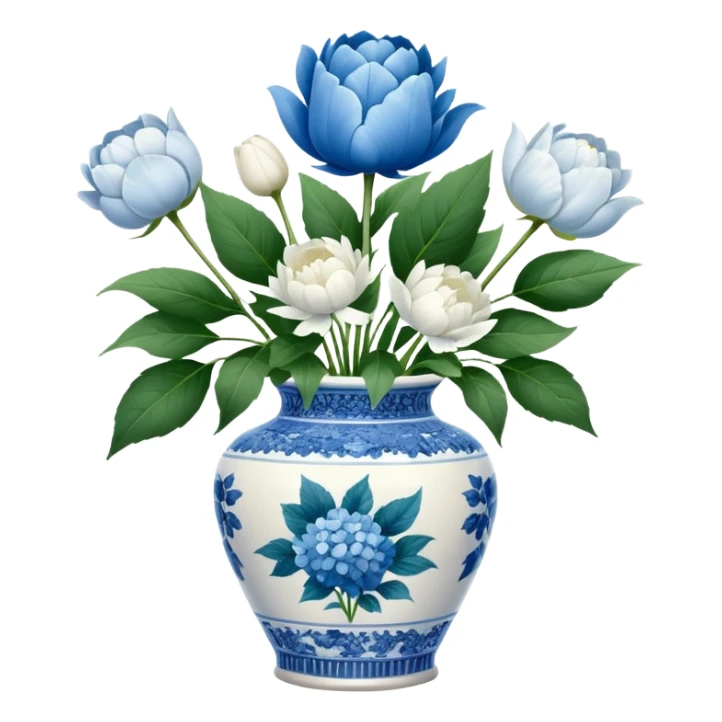 Blue and white toile pattern vase, with white peonies, white tulip, and hydrangeas, with some greenfiller plants sticker