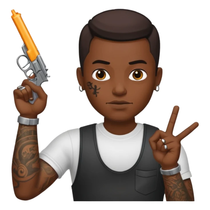 A blood gang member tattooed everywhere throwing up b with his hand pointing a gun at me with other hand  sticker