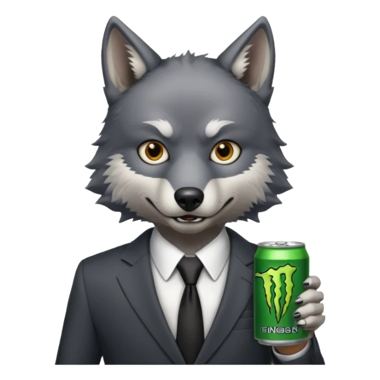 wolf in business suit, holding one monster energy can, with brown eyes  sticker
