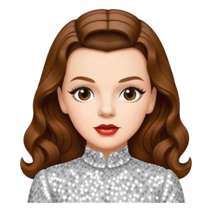 Judy Garland with long brown hair, white sequin outfit sticker