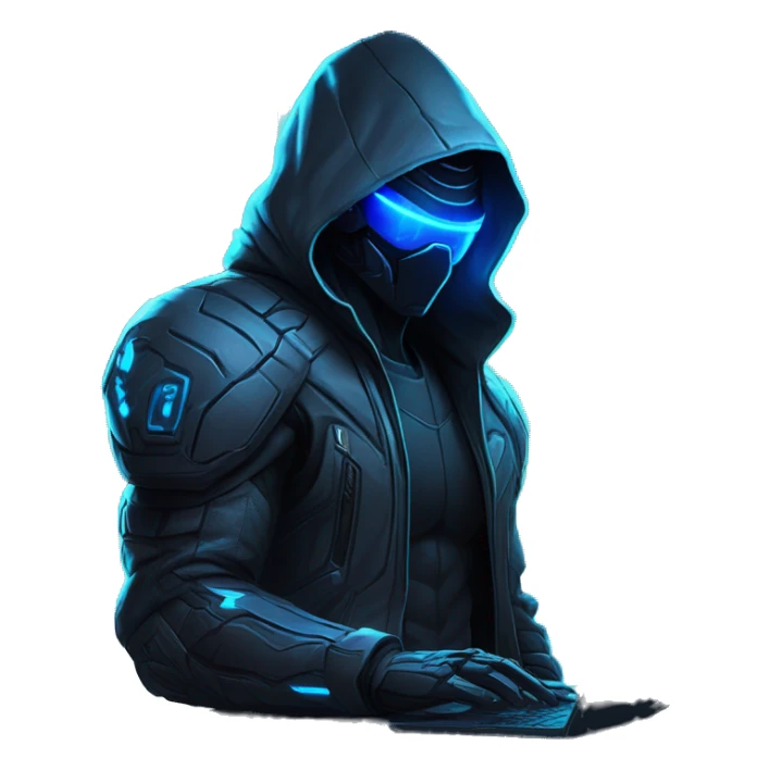 Hacker behind his laptop with this style : crysis Cyberpunk Valorant neon glowing bright blue character blue black hooded assassin themed character sticker
