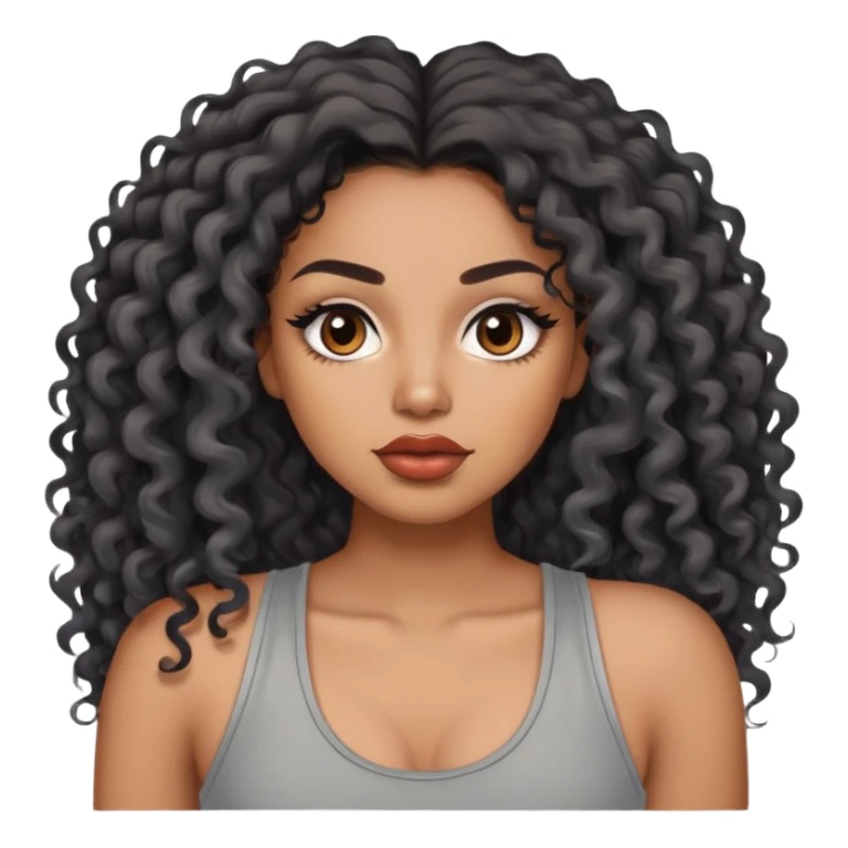 light brown skin tone, very beautiful woman, with big plump lips, long long lashes, black curly long hair, brown eyes, grey tank top sticker
