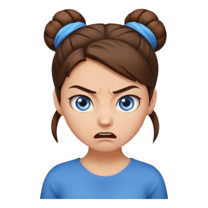 Girl with blue eyes, brown hair in a bun, angry sticker