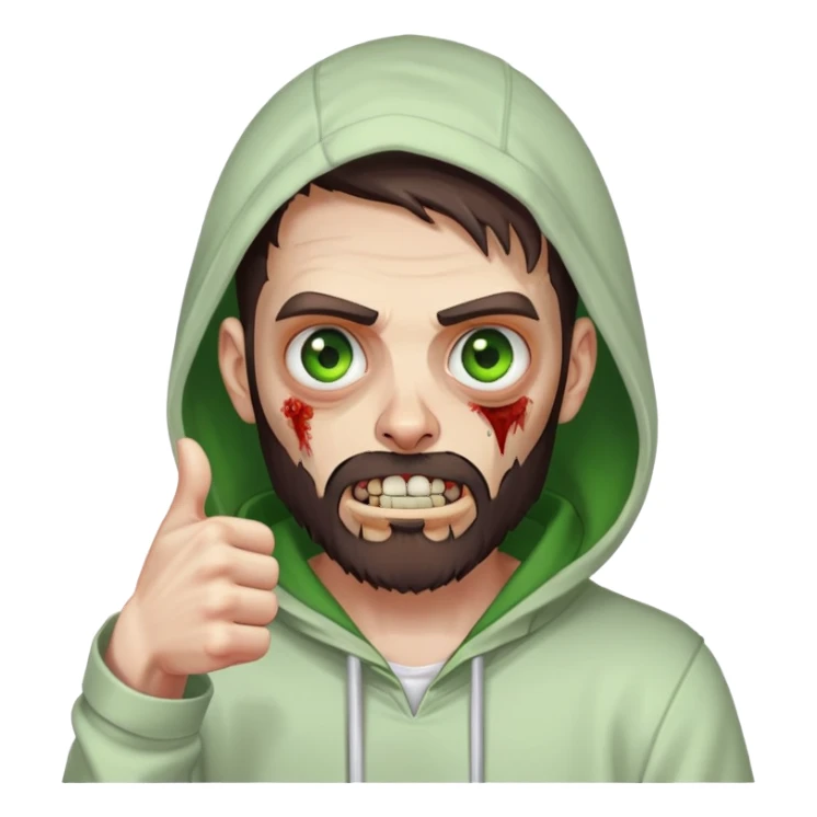 zombie with thumbs up gesture, undercut hairstyle with dark brown hair, short full beard, heterochromia with one green eye and one brown eye, wearing plain white hoodie with hood up sticker