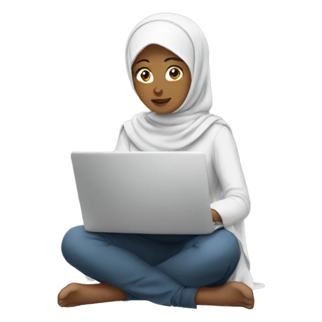 girl in hijab sitting at laptop with face sticker