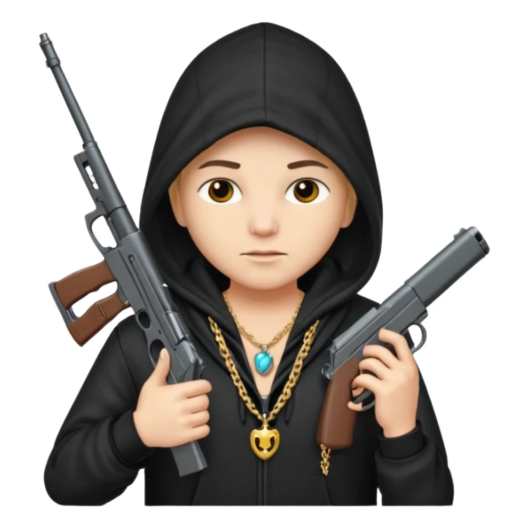 Chuky con pistola encapuchado y con collares sticker