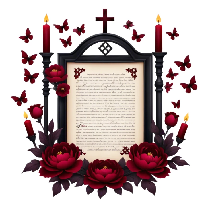 A surreal dreamscape where blackened love letters float in the air, encircled by deep red butterflies and Gothic crosses. The scene is framed by rich crimson peonies and pansies, their petals illuminated by the soft glow of dark red candles sticker