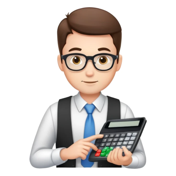 male accountant with calculator and spreadsheet sticker