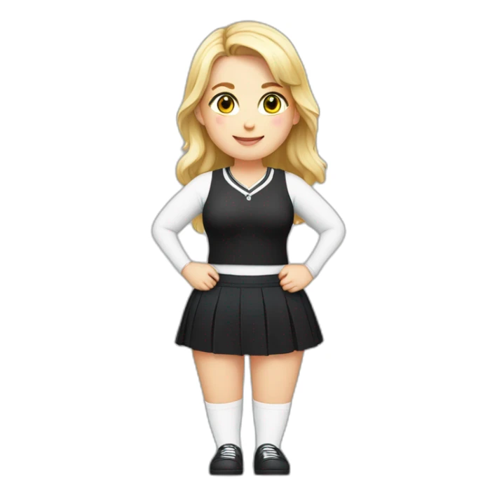 Front view full body curvy caucasian beauty sitting straight hands up black skirt white knickers white socks sticker