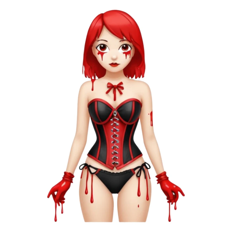 Red and black corset top with bikini bottom dripping with white paint sticker