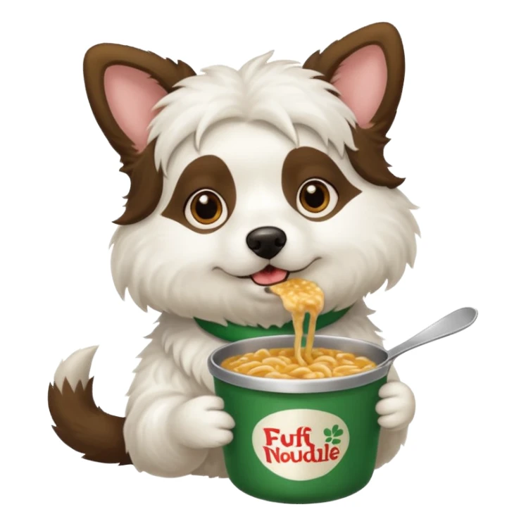 a brunette white wooly dog eating a pot noodle sticker