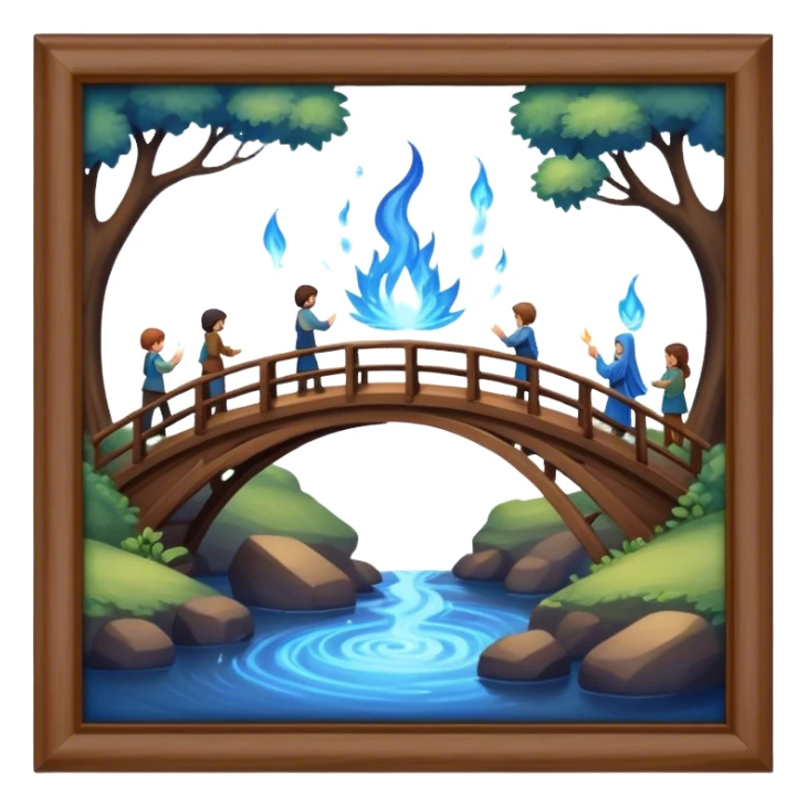 building a brown wood bridge, blue magic love people sticker