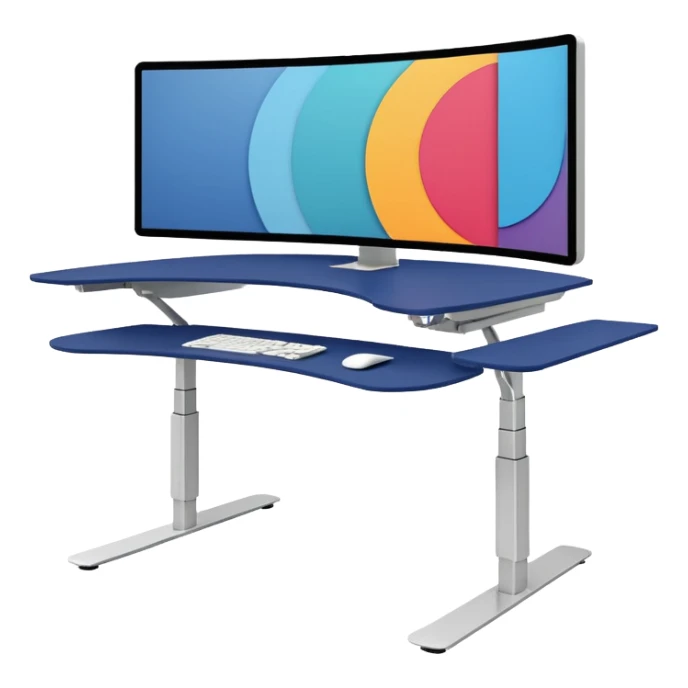 A height-adjustable office desk with a visible central lifting mechanism and a large flat monitor placed on top. The desk should look modern and minimal, symbolizing an ergonomic workstation. Rounded shapes, flat bright colors, consistent with standard emoji design. sticker