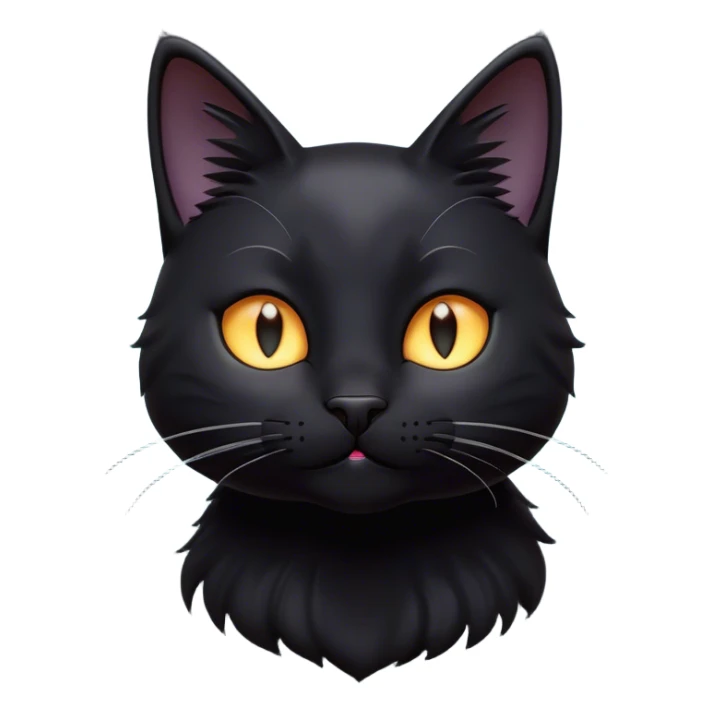 Cinematic Cute Black Cat Portrait Emoji, Head tilted playfully and inquisitively, sleek black fur with subtle hints of deep gray, Simplified yet adorable features, highly detailed, glowing with a warm, friendly glow, high shine, curious and affectionate, stylized with a touch of whimsy, bright and alert, soft glowing outline, capturing the essence of a mischievous yet loving kitten, so endearing it feels like it could pounce out of the screen and play! sticker