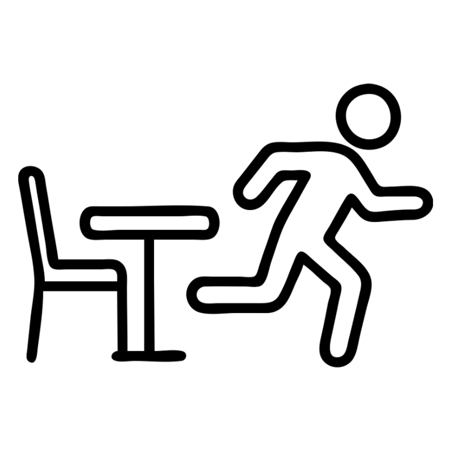 dine and dash, icon style, a restaurant table with empty chair and a running figure, simple and bold sticker