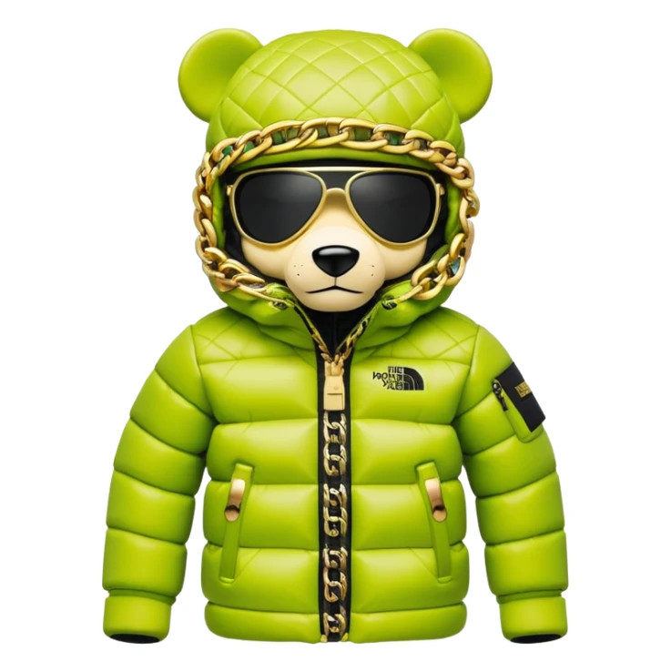 perfectly crafted bearbrick with authentic geometric shape, premium lime balaclava with professionally integrated dark visor lens, Supreme x North Face collaboration puffer jacket with luxurious fur trim, multiple detailed gold chains, ultimate collector's piece sticker