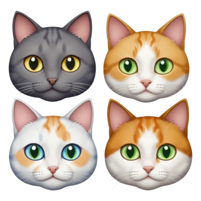 4 different coloured short haired cats including; a dark brown tabby and white cat, and a dark grey and white  sticker