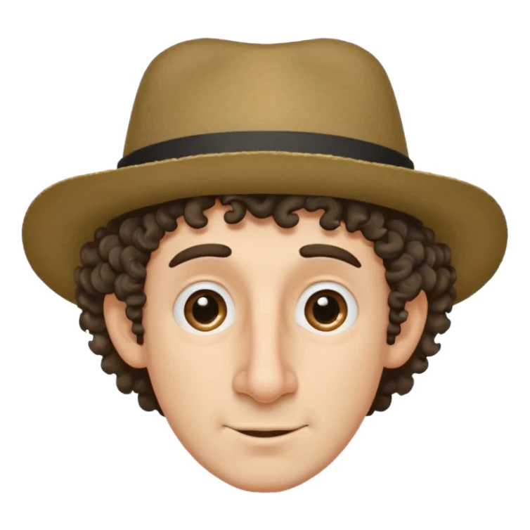 a guy with a huge nose short stringy curly hair and a small hat sticker