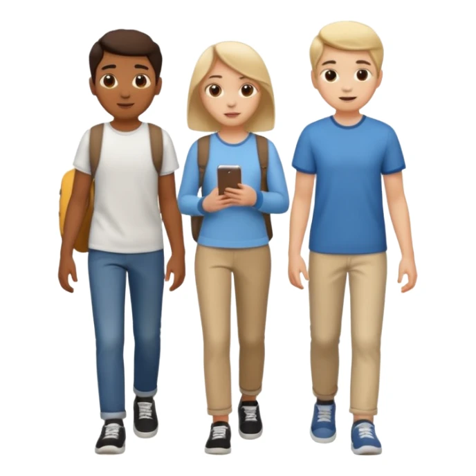 iOS emoji style. 2 friends and a teenager walking and talking.  sticker