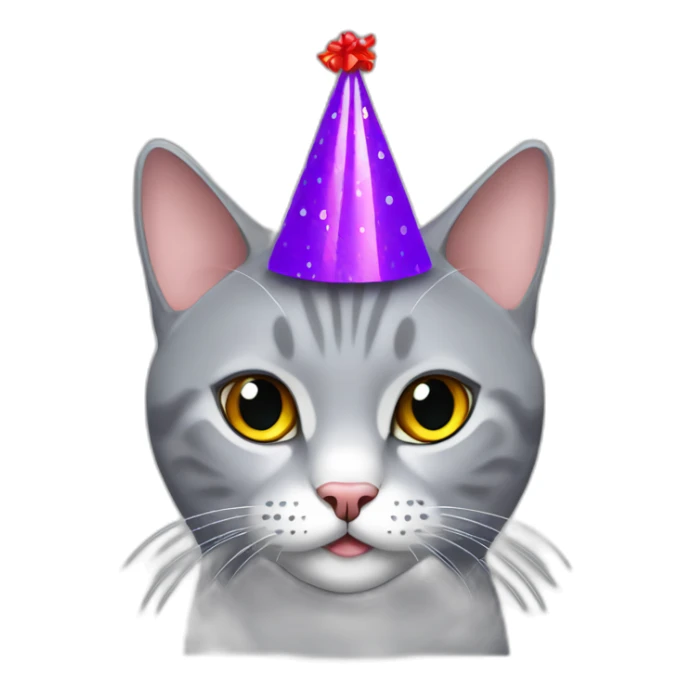 Grey British short hair cat wearing a party hat sticker