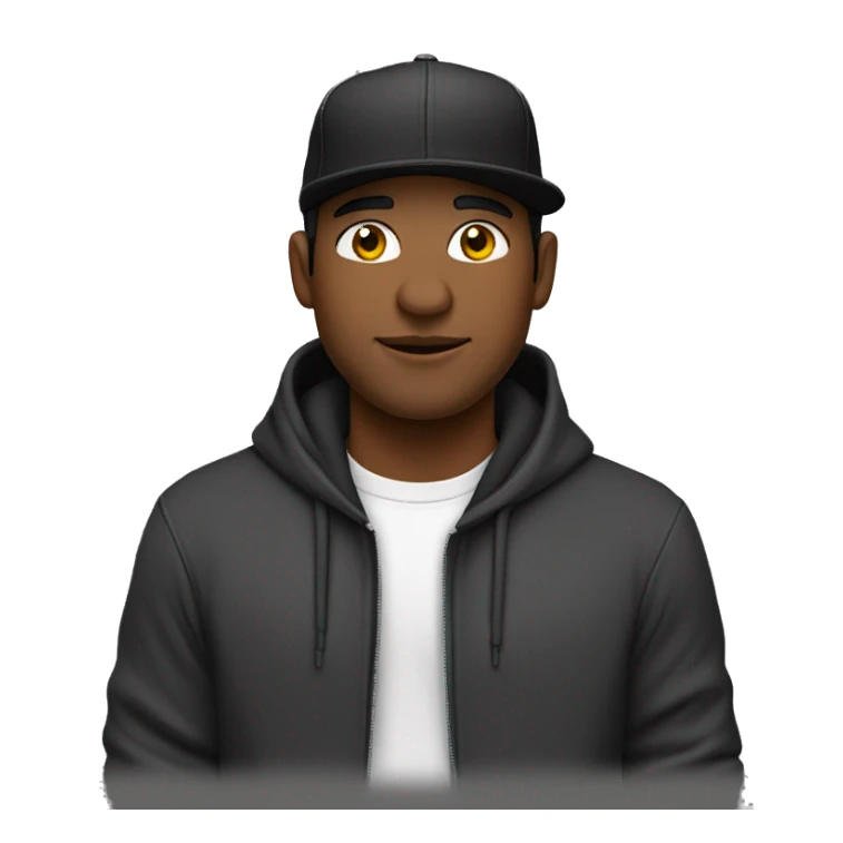 Un chico con sudadera negra, cabello largo y gorra negra sticker