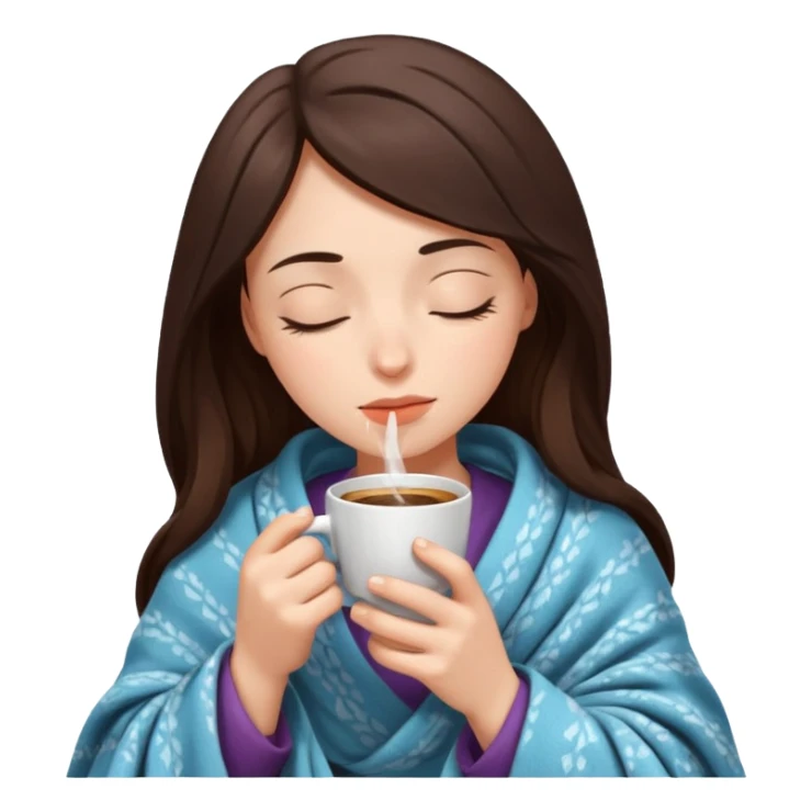 brunette girl under a blanket, drinking coffee, eyes closed sticker