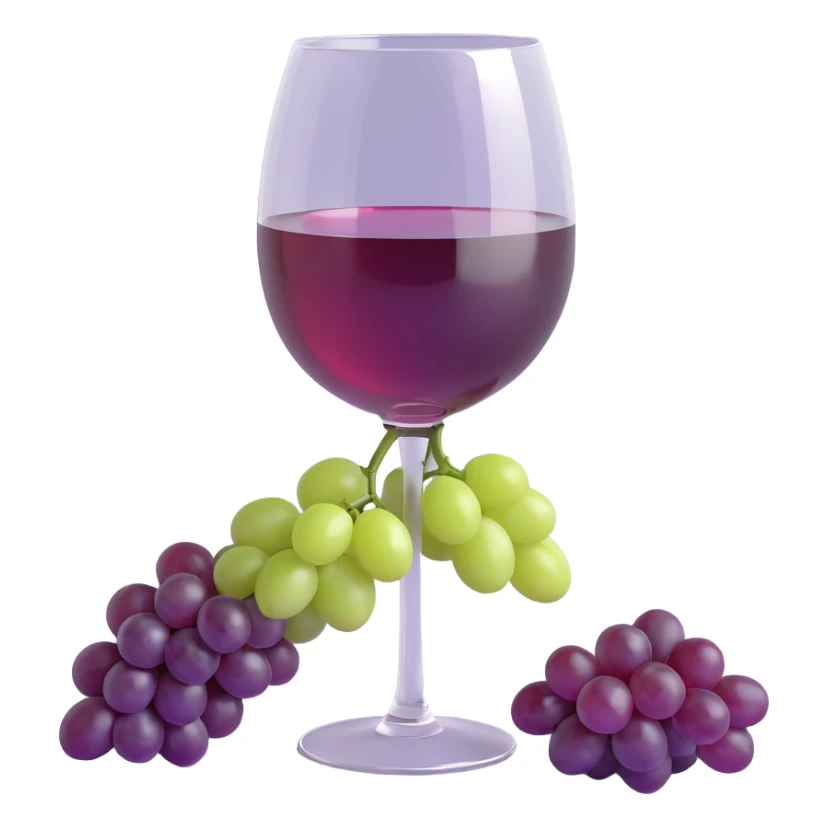 3D emoji style, light pink wine glass with light purple grapes beside it, Korean text '로제와인' at the bottom, no background sticker